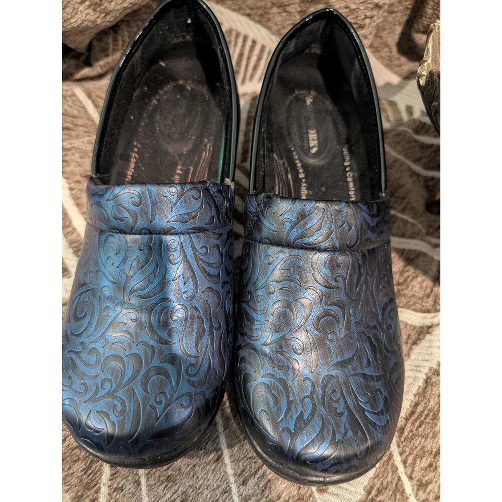 Easyworks Laurie Clog, Navy Leather Artisan Tooling , Size 11